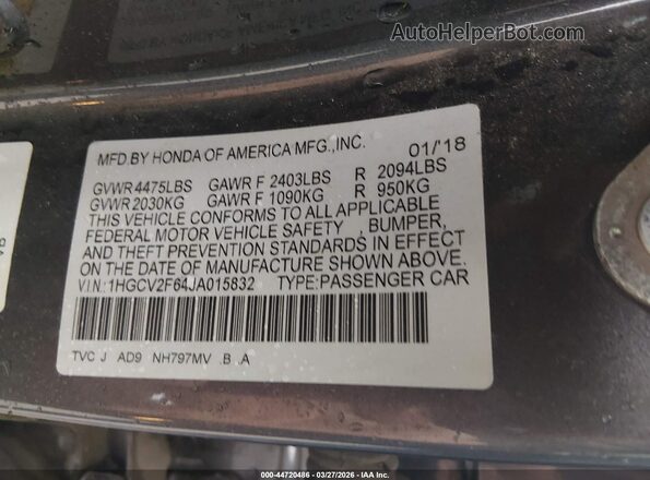 1HGCV2F64JA015832 2018 HONDA ACCORD Серый Вид подкапотного пространства