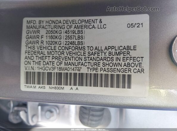 1HGCV3F18MA014777 2021 HONDA ACCORD HYBRID Silver Widok komory silnika