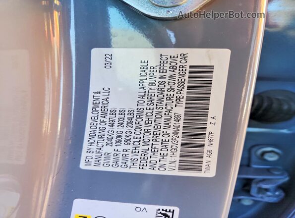1HGCV3F24NA014897 2022 HONDA ACCORD Gray VIN կոդի պիտակի տեսք