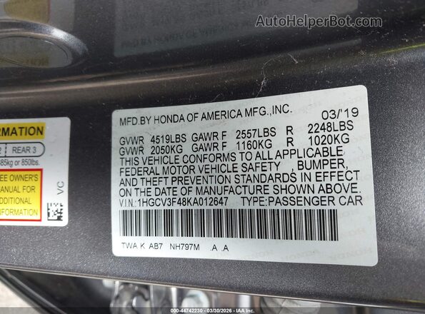 1HGCV3F48KA012647 2019 HONDA ACCORD HYBRID Gray Շարժիչի բաժամունքի տեսք