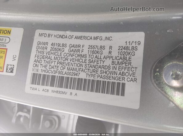 1HGCV3F50LA002947 2020 HONDA ACCORD HYBRID Silver Vista del compartimento del motor