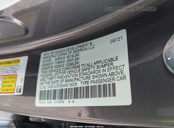 1HGCV3F50MA016008 2021 HONDA ACCORD HYBRID Серый Вид подкапотного пространства