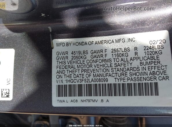 1HGCV3F52LA008099 2020 HONDA ACCORD HYBRID Серый Вид подкапотного пространства