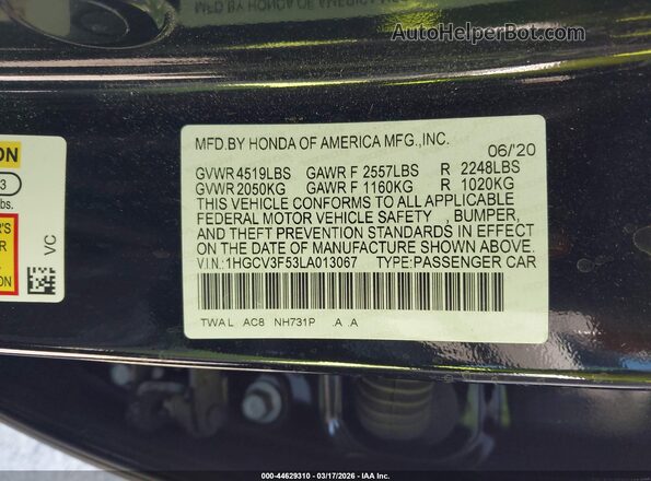 1HGCV3F53LA013067 2020 HONDA ACCORD HYBRID Black Engine compartment view