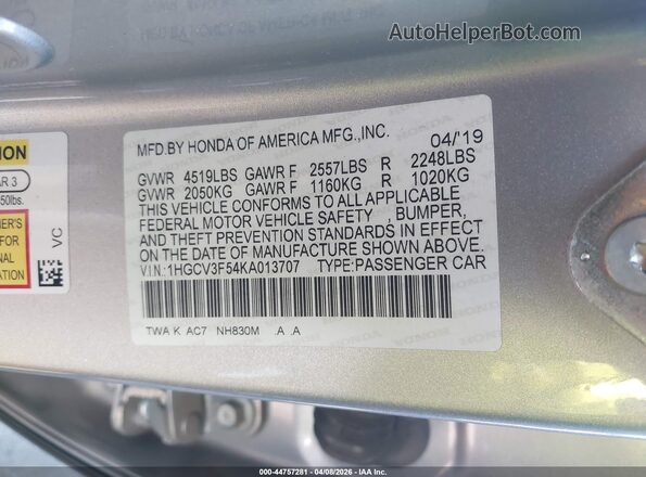 1HGCV3F54KA013707 2019 HONDA ACCORD HYBRID Silver Vista del compartimento del motor
