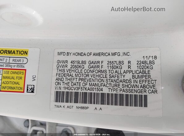 1HGCV3F57KA001504 2019 HONDA ACCORD HYBRID White Engine compartment view