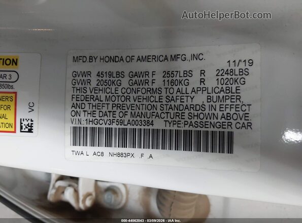 1HGCV3F59LA003384 2020 HONDA ACCORD HYBRID White Widok komory silnika