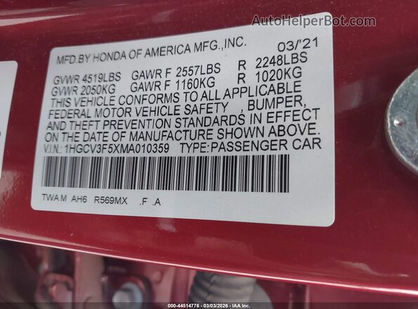 1HGCV3F5XMA010359 2021 HONDA ACCORD HYBRID Red ძრავის განყოფილების ხედი