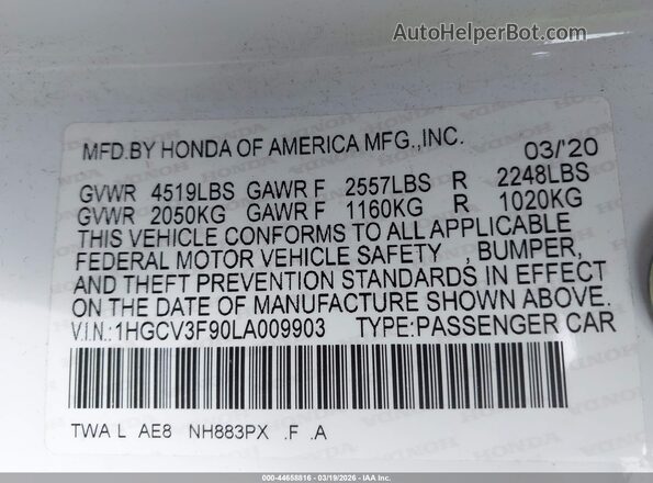 1HGCV3F90LA009903 2020 HONDA ACCORD HYBRID Белый Вид подкапотного пространства