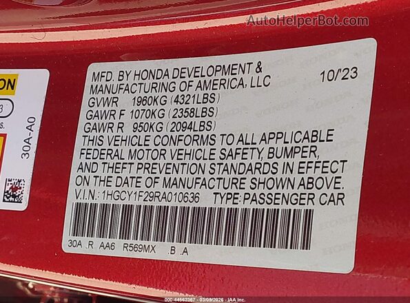 1HGCY1F29RA010636 2024 HONDA ACCORD Красный Вид подкапотного пространства