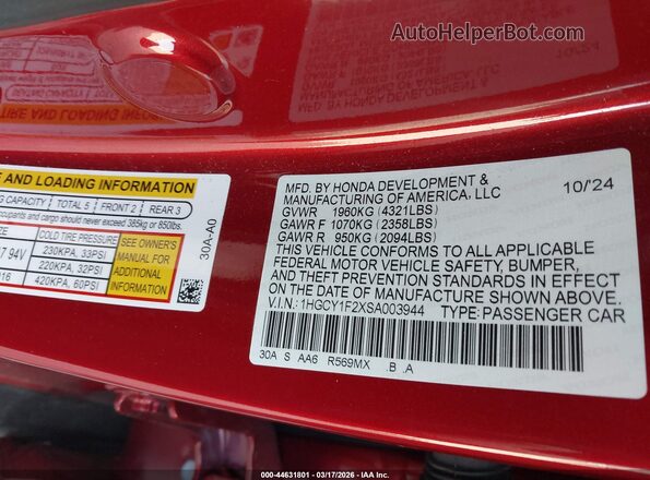 1HGCY1F2XSA003944 2025 HONDA ACCORD Красный Вид подкапотного пространства