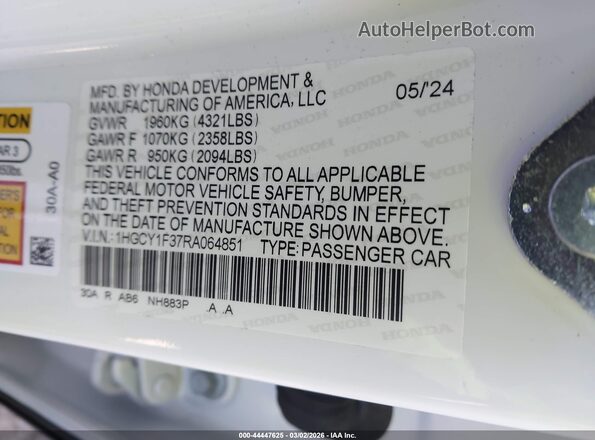 1HGCY1F37RA064851 2024 HONDA ACCORD Белый Вид подкапотного пространства