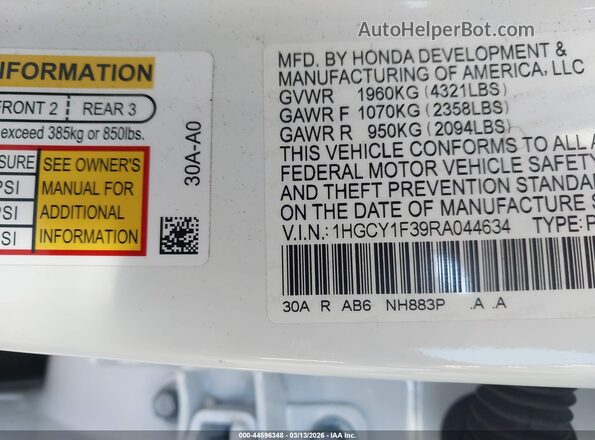 1HGCY1F39RA044634 2024 HONDA ACCORD White Շարժիչի բաժամունքի տեսք