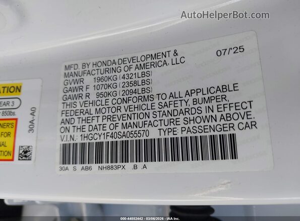 1HGCY1F40SA055570 2025 HONDA ACCORD Белый Вид подкапотного пространства