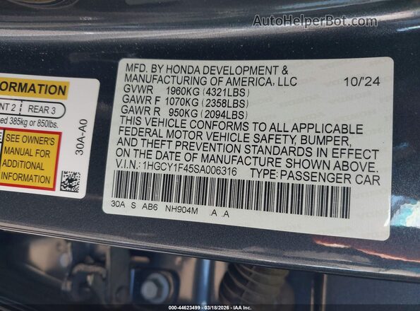 1HGCY1F45SA006316 2025 HONDA ACCORD Серый Вид подкапотного пространства