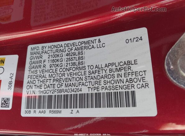 1HGCY2F58RA034264 2024 HONDA ACCORD HYBRID Red ძრავის განყოფილების ხედი