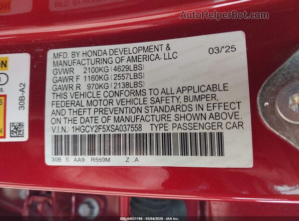 1HGCY2F5XSA037558 2025 HONDA ACCORD HYBRID Красный Вид подкапотного пространства