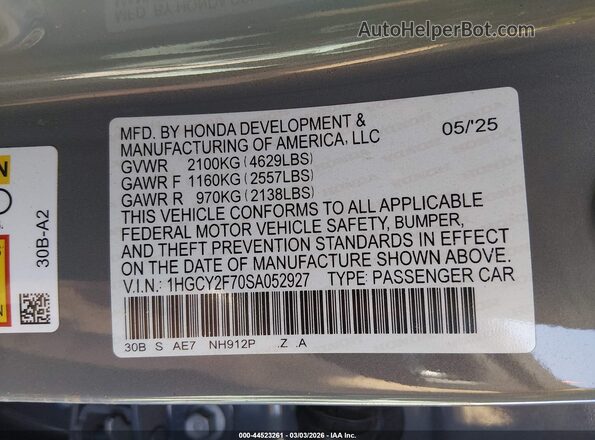 1HGCY2F70SA052927 2025 HONDA ACCORD HYBRID Gray Вид підкапотного простору