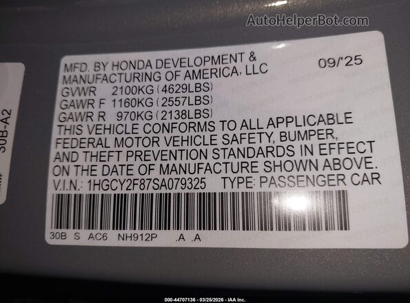 1HGCY2F87SA079325 2025 HONDA ACCORD HYBRID Серый Вид подкапотного пространства