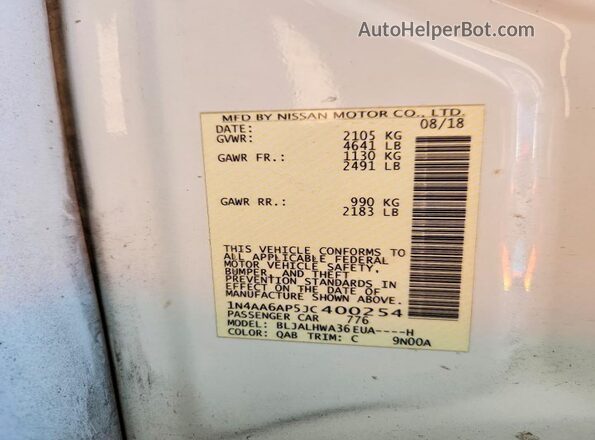 1N4AA6AP5JC400254 2018 NISSAN MAXIMA PLATINUM Белый Вид подкапотного пространства