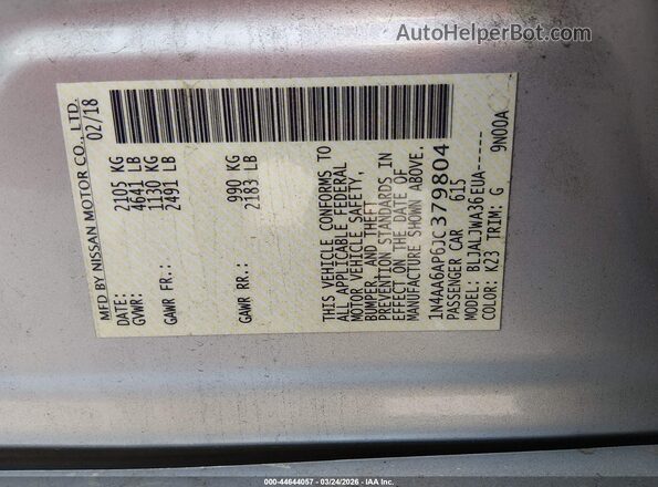 1N4AA6AP6JC379804 2018 NISSAN MAXIMA Silver Engine compartment view