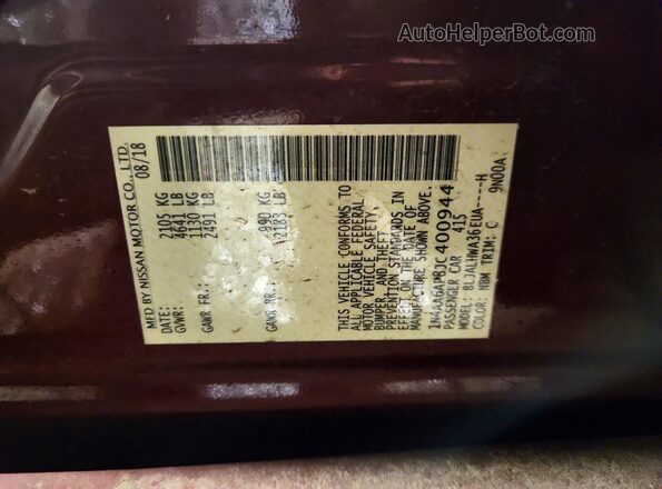 1N4AA6AP8JC400944 2018 NISSAN MAXIMA PLATINUM Бордовый Вид подкапотного пространства