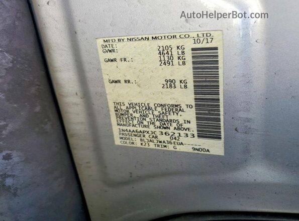 1N4AA6APXJC362133 2018 NISSAN MAXIMA Silver Widok naklejki z numerem VIN