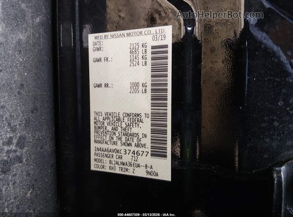 1N4AA6AV0KC374677 2019 NISSAN MAXIMA Black ძრავის განყოფილების ხედი