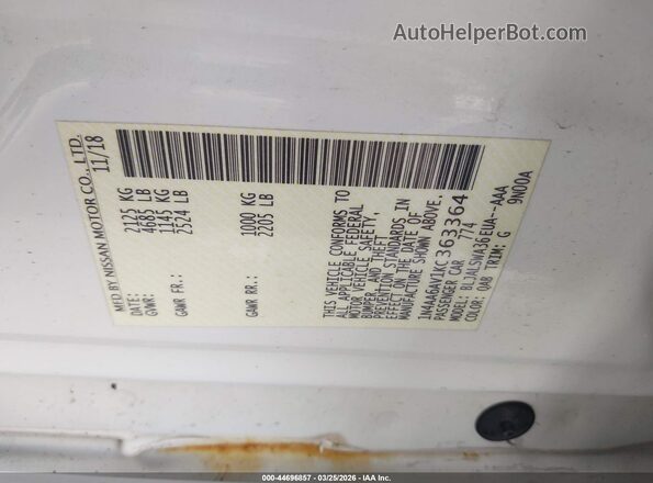 1N4AA6AV1KC363364 2019 NISSAN MAXIMA White Engine compartment view