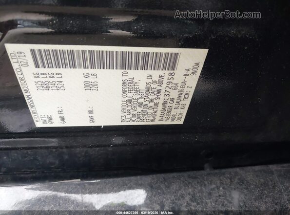 1N4AA6AV9KC372958 2019 NISSAN MAXIMA Черный Вид подкапотного пространства