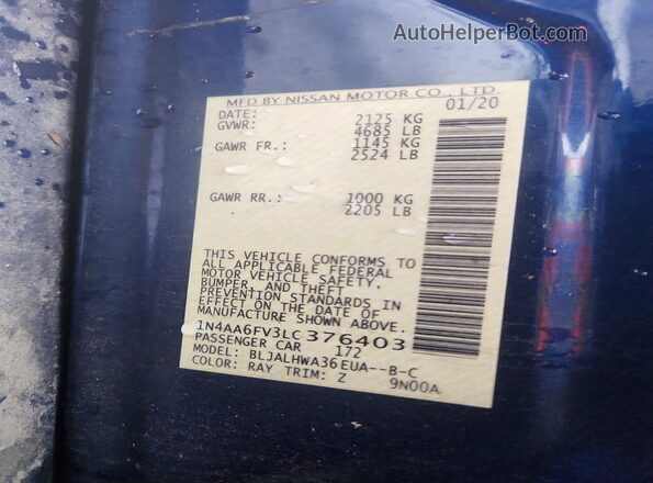 1N4AA6FV3LC376403 2020 NISSAN MAXIMA PLATINUM Blue Widok komory silnika