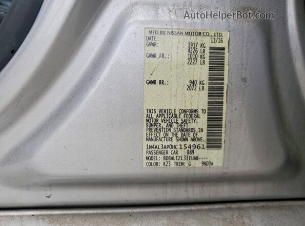 1N4AL3AP0HC154961 2017 NISSAN ALTIMA Silver Vista del compartimento del motor