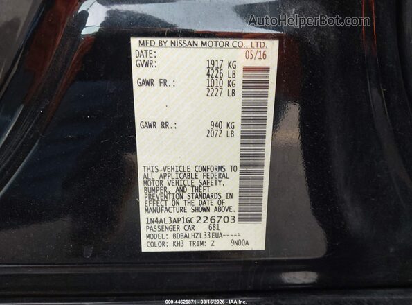 1N4AL3AP1GC226703 2016 NISSAN ALTIMA Черный Вид подкапотного пространства