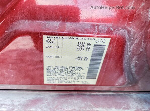 1N4AL3AP2GC268992 2016 NISSAN ALTIMA Красный Вид наклейки с VIN-кодом