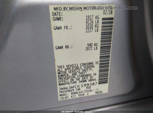 1N4AL3AP2JC199387 2018 NISSAN ALTIMA Silver Вид підкапотного простору