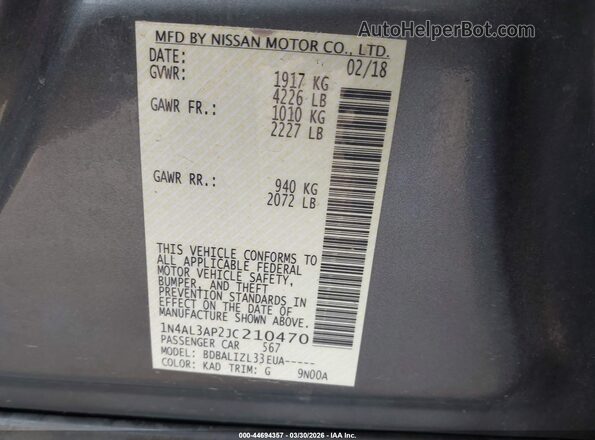 1N4AL3AP2JC210470 2018 NISSAN ALTIMA Gray Вид підкапотного простору