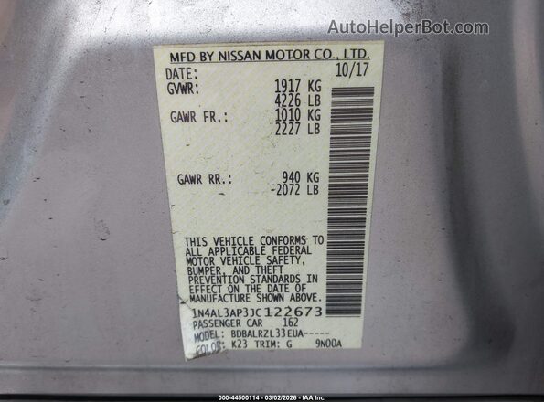 1N4AL3AP3JC122673 2018 NISSAN ALTIMA Silver Vista del compartimento del motor