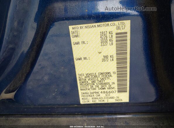 1N4AL3AP9HC486607 2017 NISSAN ALTIMA Blue Vista del compartimento del motor