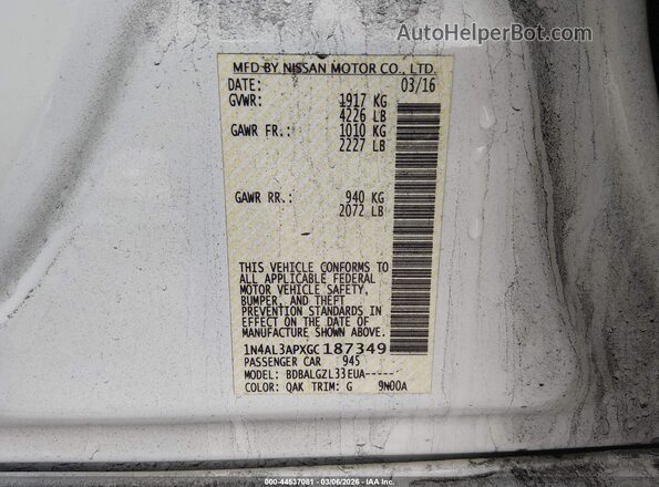 1N4AL3APXGC187349 2016 NISSAN ALTIMA White Vista del compartimento del motor