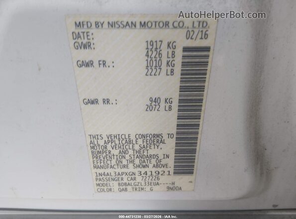 1N4AL3APXGN341921 2016 NISSAN ALTIMA White Շարժիչի բաժամունքի տեսք