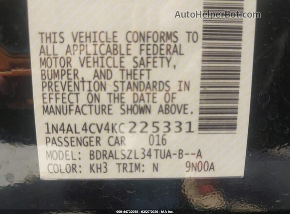 1N4AL4CV4KC225331 2019 NISSAN ALTIMA Black Widok komory silnika