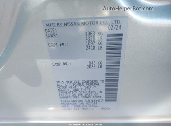 1N4BL4BV1RN384067 2024 NISSAN ALTIMA Серебряный Вид подкапотного пространства
