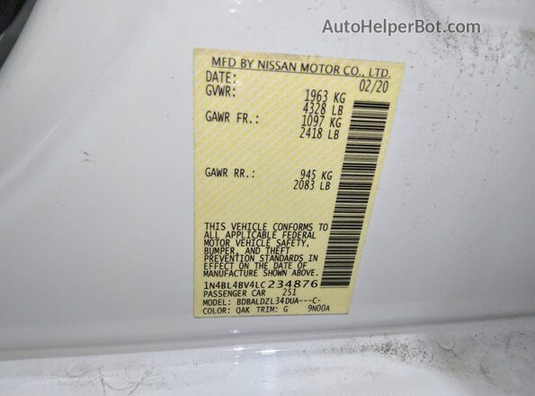 1N4BL4BV4LC234876 2020 NISSAN ALTIMA Белый Вид наклейки с VIN-кодом