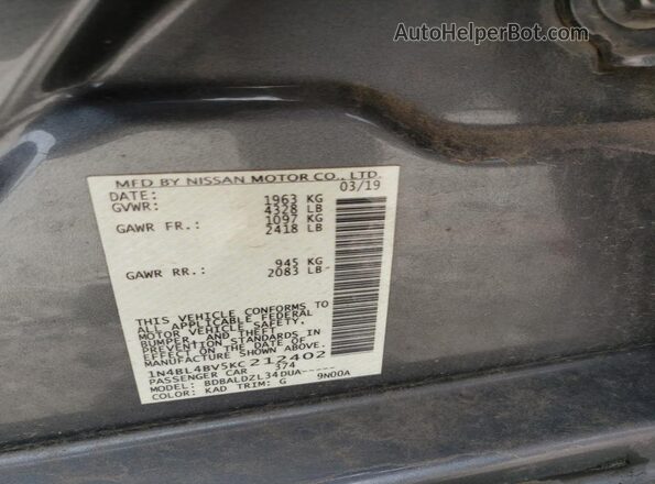 1N4BL4BV5KC212402 2019 NISSAN ALTIMA Серый Вид наклейки с VIN-кодом