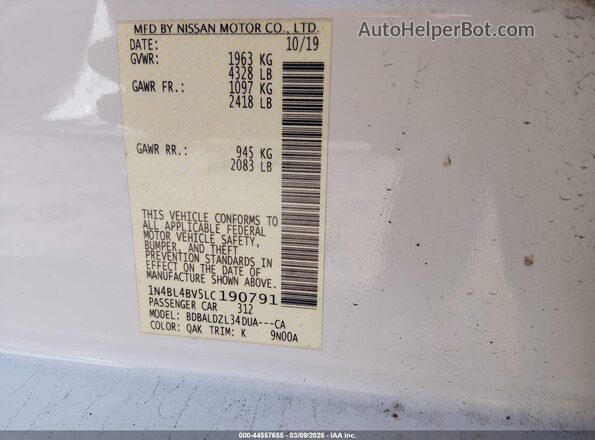 1N4BL4BV5LC190791 2020 NISSAN ALTIMA White Vista del compartimento del motor