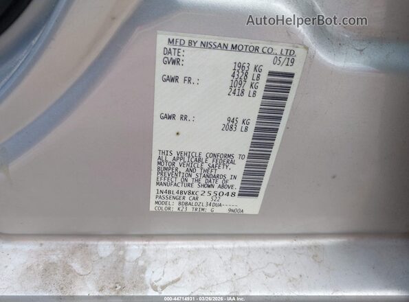 1N4BL4BV8KC255048 2019 NISSAN ALTIMA Серебряный Вид подкапотного пространства