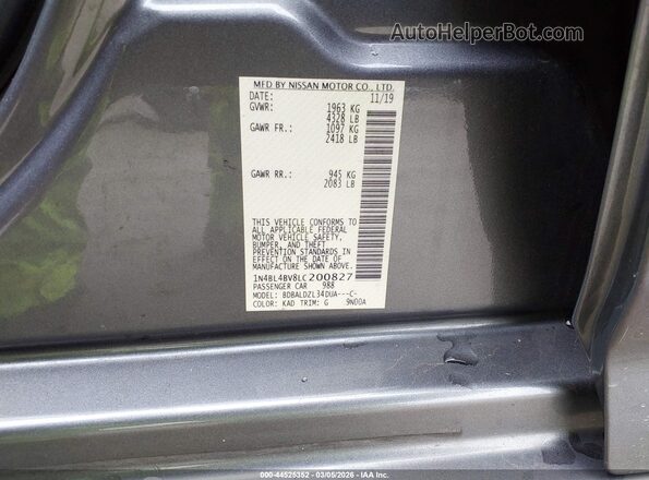 1N4BL4BV8LC200827 2020 NISSAN ALTIMA Gray Vista del compartimento del motor