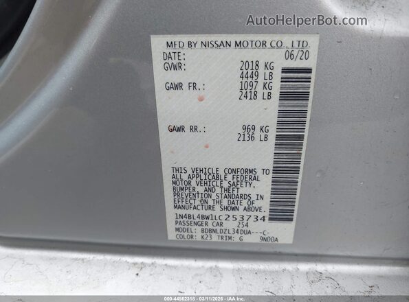 1N4BL4BW1LC253734 2020 NISSAN ALTIMA Серебряный Вид подкапотного пространства