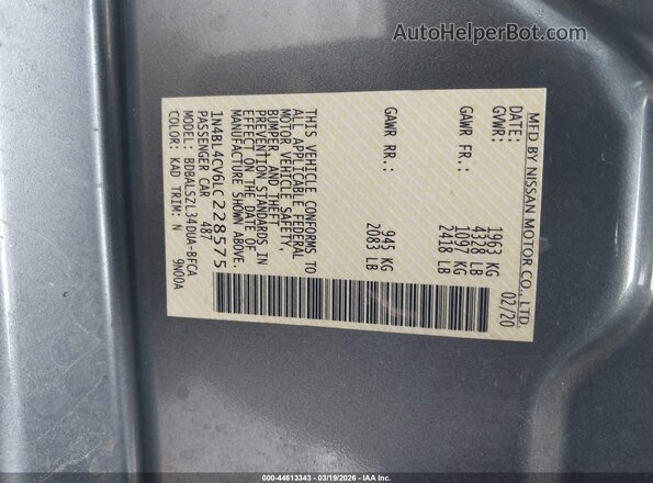 1N4BL4CV6LC228575 2020 NISSAN ALTIMA Серый Вид подкапотного пространства
