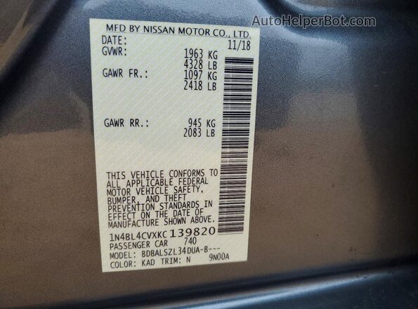 1N4BL4CVXKC139820 2019 NISSAN ALTIMA Gray ძრავის განყოფილების ხედი